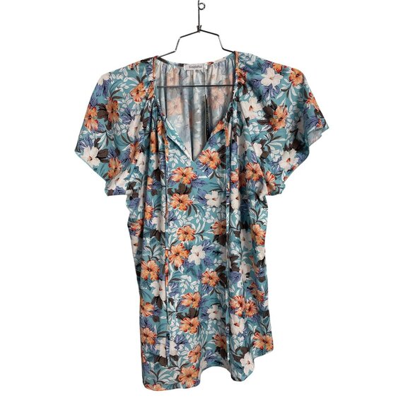SimpleFun Floral V Neck Blouse Womens 2XL Blue Multi Summer Bohemian Hippie NEW - Picture 2 of 7